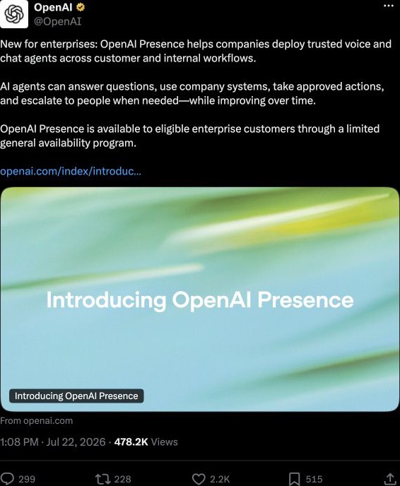 Screenshot of OpenAI announcing Presence on X